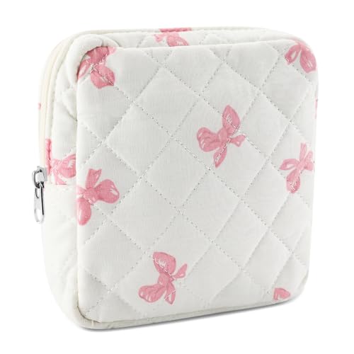 Tmtains Small Quilted Cotton Makeup Bag for Purse Mini Cosmetic Period Bag for Women Cute Pink Bow Makeup Sanitary Pouch Portable Travel Toiletry Bags with Zipper Slip in Pockets Birthday Gifts - Image 1
