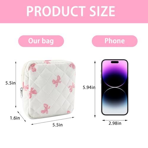 Tmtains Small Quilted Cotton Makeup Bag for Purse Mini Cosmetic Period Bag for Women Cute Pink Bow Makeup Sanitary Pouch Portable Travel Toiletry Bags with Zipper Slip in Pockets Birthday Gifts - Image 3
