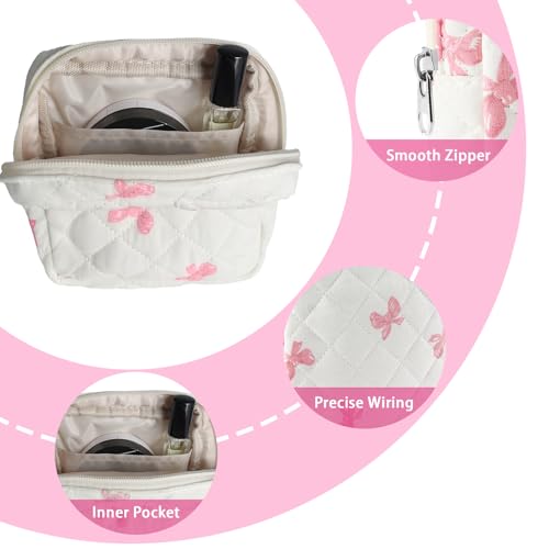 Tmtains Small Quilted Cotton Makeup Bag for Purse Mini Cosmetic Period Bag for Women Cute Pink Bow Makeup Sanitary Pouch Portable Travel Toiletry Bags with Zipper Slip in Pockets Birthday Gifts - Image 4