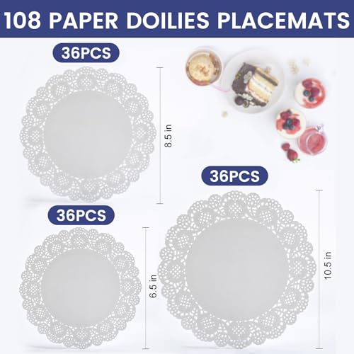 HAKSEN 108 PCS Paper Doilies, 6.5, 8.5 and 10.5 inch Lace Doilies for Tables, Round Paper Placemats for Party Table Cakes Dessert Trays Tableware Crafts Wedding and More - Image 2