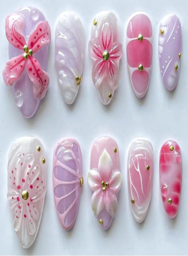 Jremg Pink Flower Press on Nails Medium Almond Fake Nails with 3D Designs Glossy Purple Gradient Cute Floral False Nails Reusable Gold Bead Curve Line Glue on Nails for Women 30Pcs - Image 1