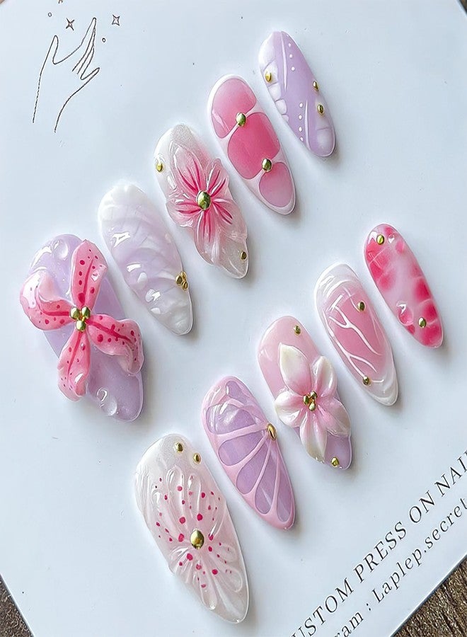 Jremg Pink Flower Press on Nails Medium Almond Fake Nails with 3D Designs Glossy Purple Gradient Cute Floral False Nails Reusable Gold Bead Curve Line Glue on Nails for Women 30Pcs - Image 4