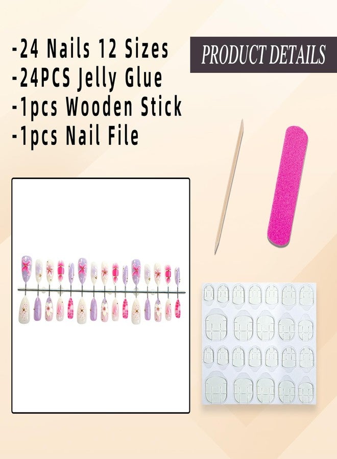 Jremg Pink Flower Press on Nails Medium Almond Fake Nails with 3D Designs Glossy Purple Gradient Cute Floral False Nails Reusable Gold Bead Curve Line Glue on Nails for Women 30Pcs - Image 5