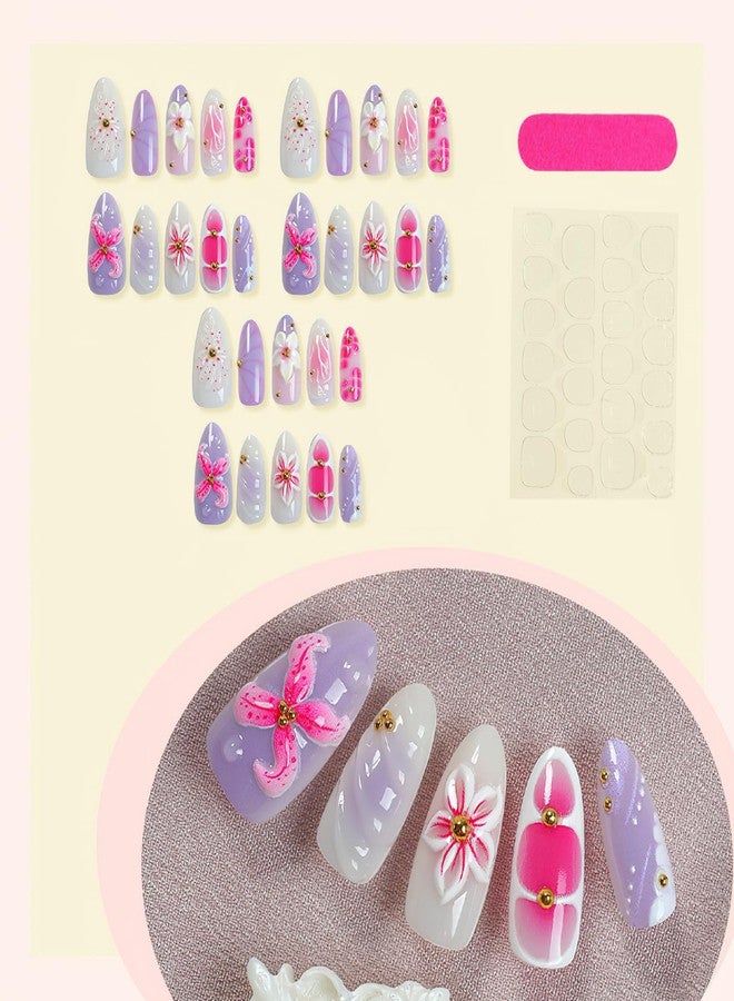Jremg Pink Flower Press on Nails Medium Almond Fake Nails with 3D Designs Glossy Purple Gradient Cute Floral False Nails Reusable Gold Bead Curve Line Glue on Nails for Women 30Pcs - Image 3