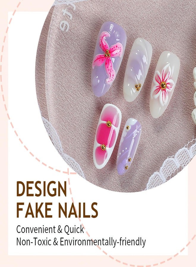 Jremg Pink Flower Press on Nails Medium Almond Fake Nails with 3D Designs Glossy Purple Gradient Cute Floral False Nails Reusable Gold Bead Curve Line Glue on Nails for Women 30Pcs - Image 2