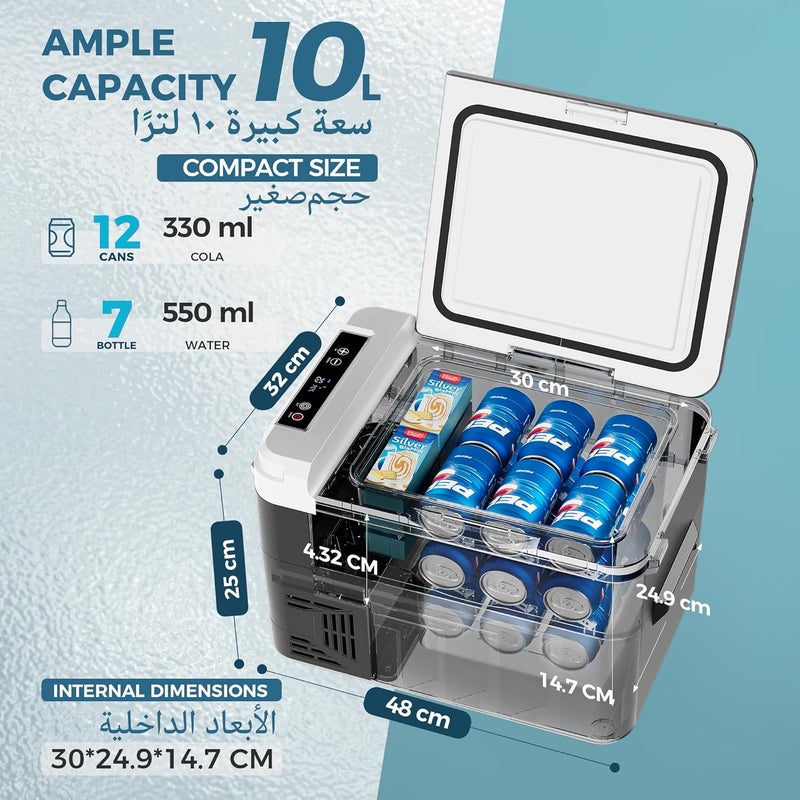 EUHOMY 10L Portable Car Refrigerator, -20°C to 20°C, 12V Camping Fridge 12/24V DC 110-240V AC, 45W Car Freezer Electric Cooler with Hidden Handle ثلاجة سيارة for Camping/Travel/Home/Truck/vehicle - Image 3