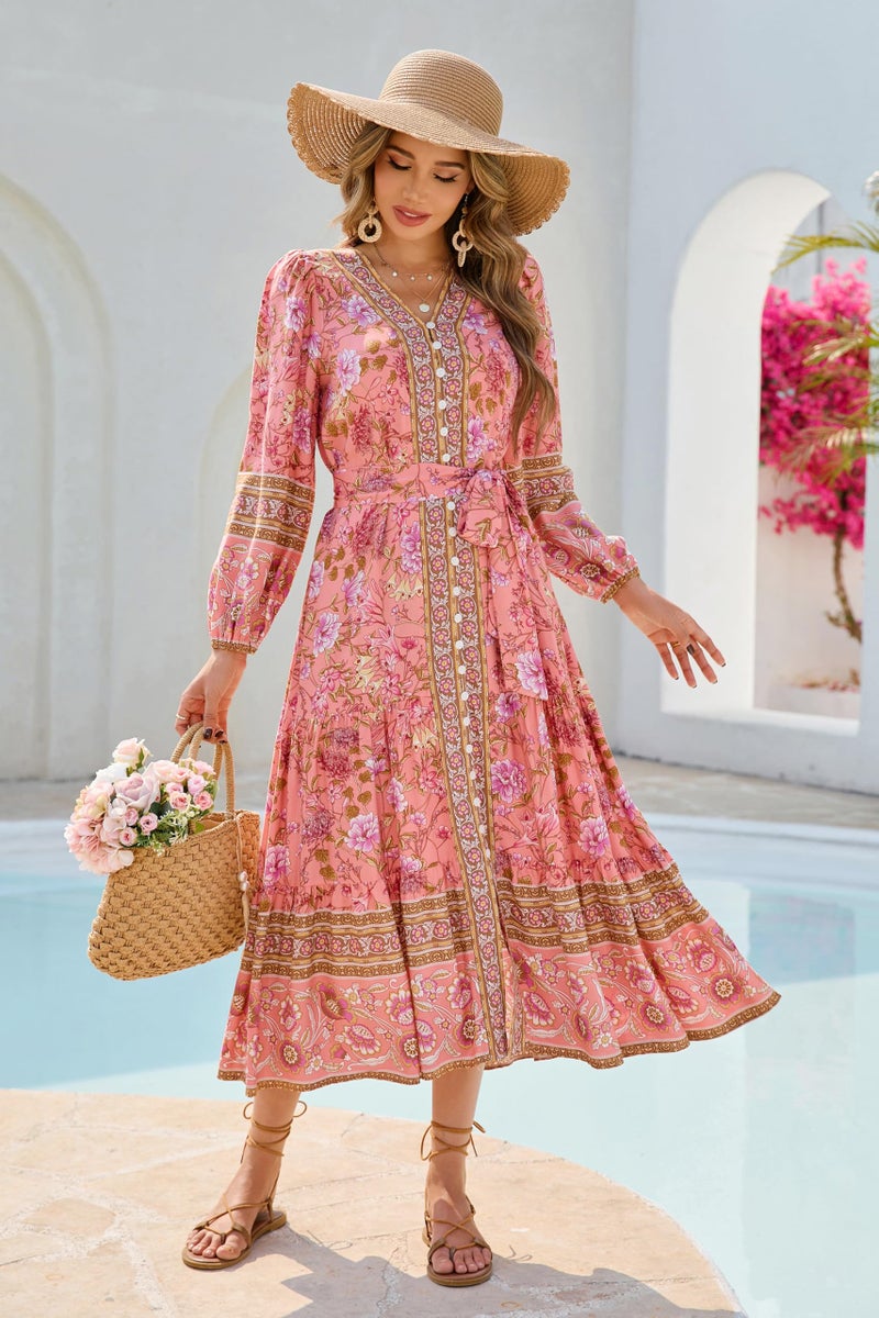 R.Vivimos Women's Long Sleeve Boho Midi Dress V Neck Floral Print Casual Button Down Loose Ruffle Beach Long Dress with Belt (X-Large, CoralPink) - Image 2