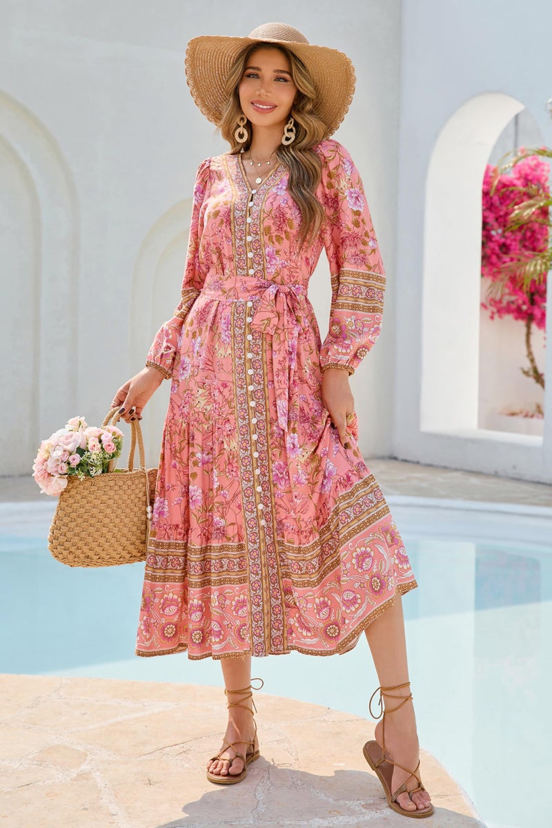 R.Vivimos Women's Long Sleeve Boho Midi Dress V Neck Floral Print Casual Button Down Loose Ruffle Beach Long Dress with Belt (X-Large, CoralPink) - Image 4