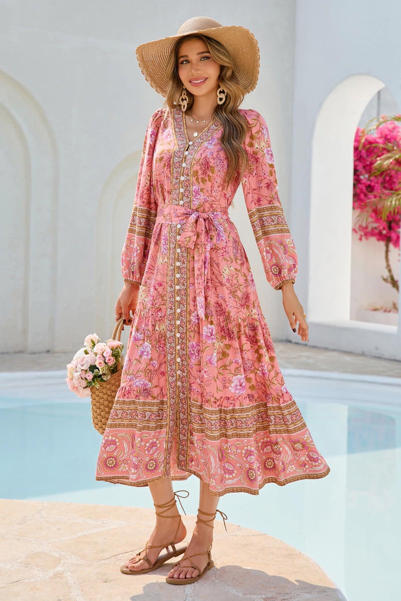 R.Vivimos Women's Long Sleeve Boho Midi Dress V Neck Floral Print Casual Button Down Loose Ruffle Beach Long Dress with Belt (X-Large, CoralPink) - Image 5