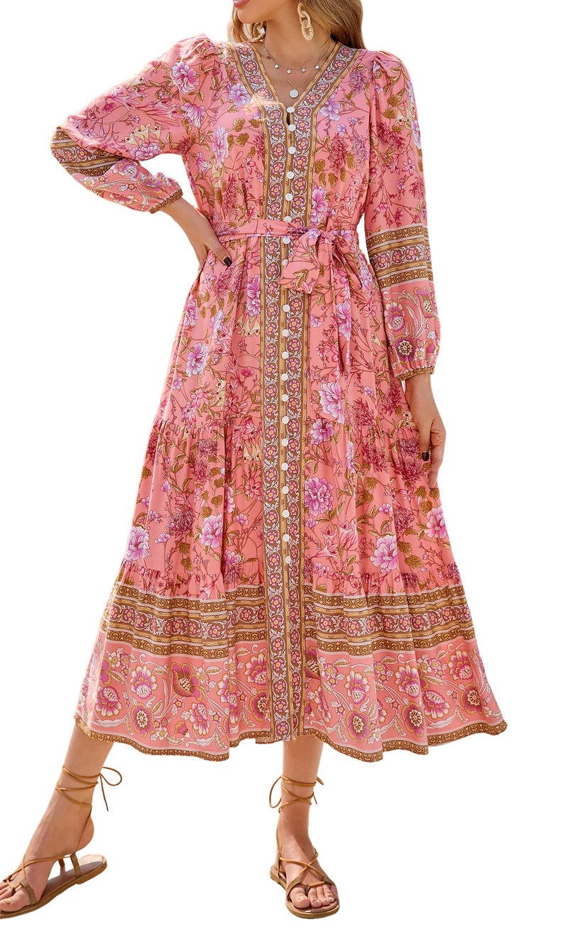R.Vivimos Women's Long Sleeve Boho Midi Dress V Neck Floral Print Casual Button Down Loose Ruffle Beach Long Dress with Belt (X-Large, CoralPink) - Image 1