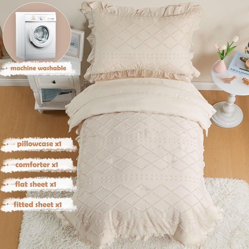 Cozyholy Toddler Bedding Set - 4 Piece Beige Boho Crib Bedding Set for Girls Tufted Bed Comforter Set with Ruffles Toddler Bed Set, Include Comforter, Flat Sheet, Fitted Sheet, Pillowcase - Image 3