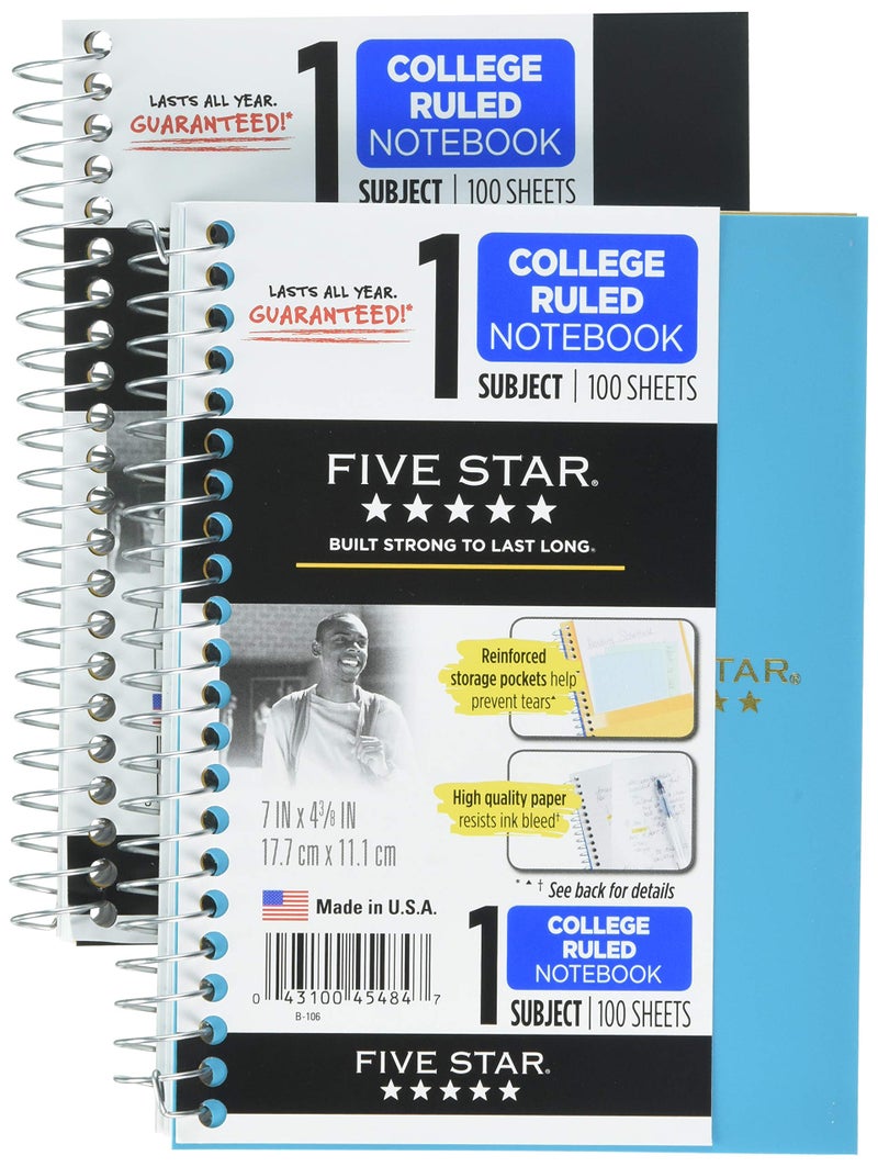 Five Star Mead Five Star Spiral Notebooks, 1 Subject, College Ruled Paper, 100 Sheets, 7 x 4-3/8", Personal Size, Colors Selected For You, 2 Pack (73707)