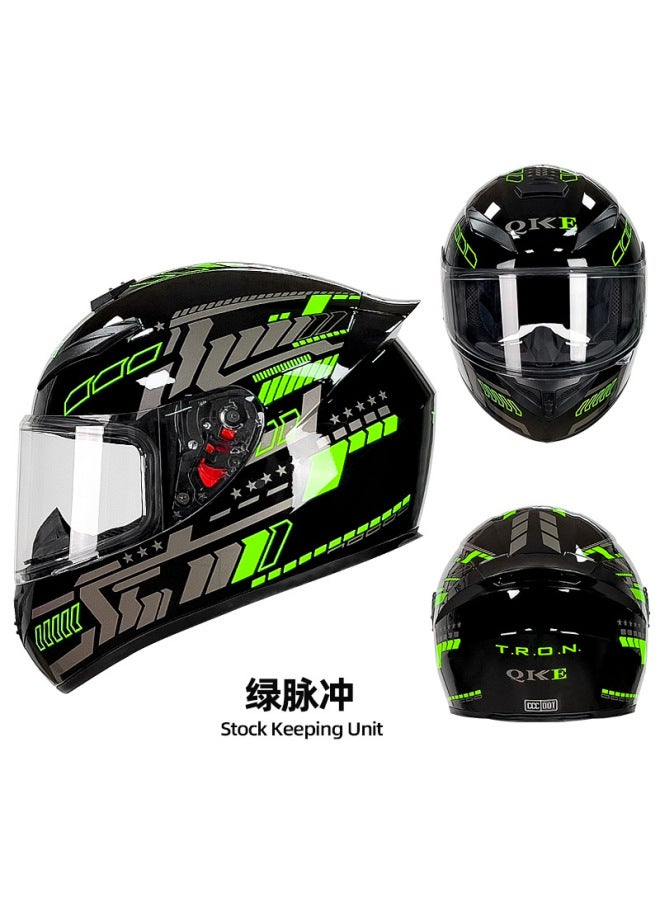 Green Pulse lens Motorcycle Safety Helmet Winter Large Tail Racing Electric Motorcycle Running Helmet Full Helmet Four Seasons Universal