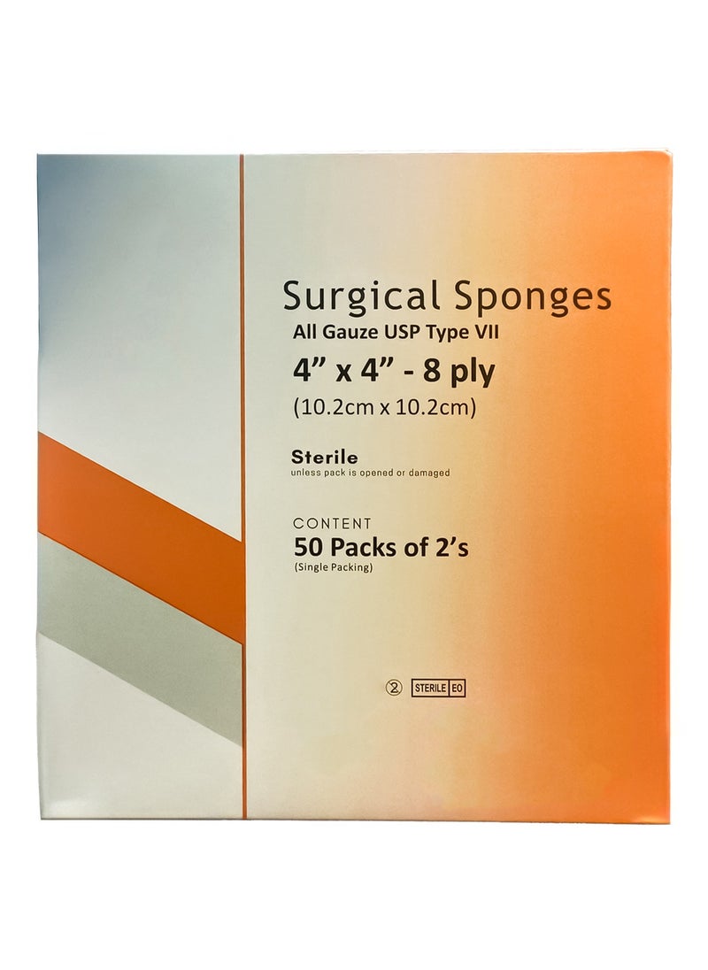 King Mariot Name: 50 Packs of 2's | Premium Gauze Sponges 4" x 4" - 8 Ply | USP Type VII | Sterile and Highly Absorbent | Medical Grade Gauze for Wound Care  - Image 1