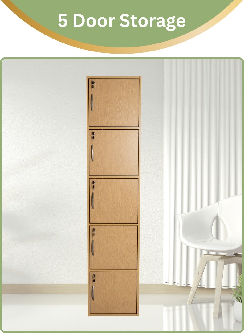 AFT Modern Wooden 5-Tier Storage Cabinet with Lockable Doors – 185 cm Tall Freestanding Organizer with 5 Spacious 35 cm Shelves, 40x40 cm Surface Area, 15 mm Thick Panels – Durable Multipurpose Cupboard for Home, Office, or Bedroom Use – Beech (Arfan) - Image 1