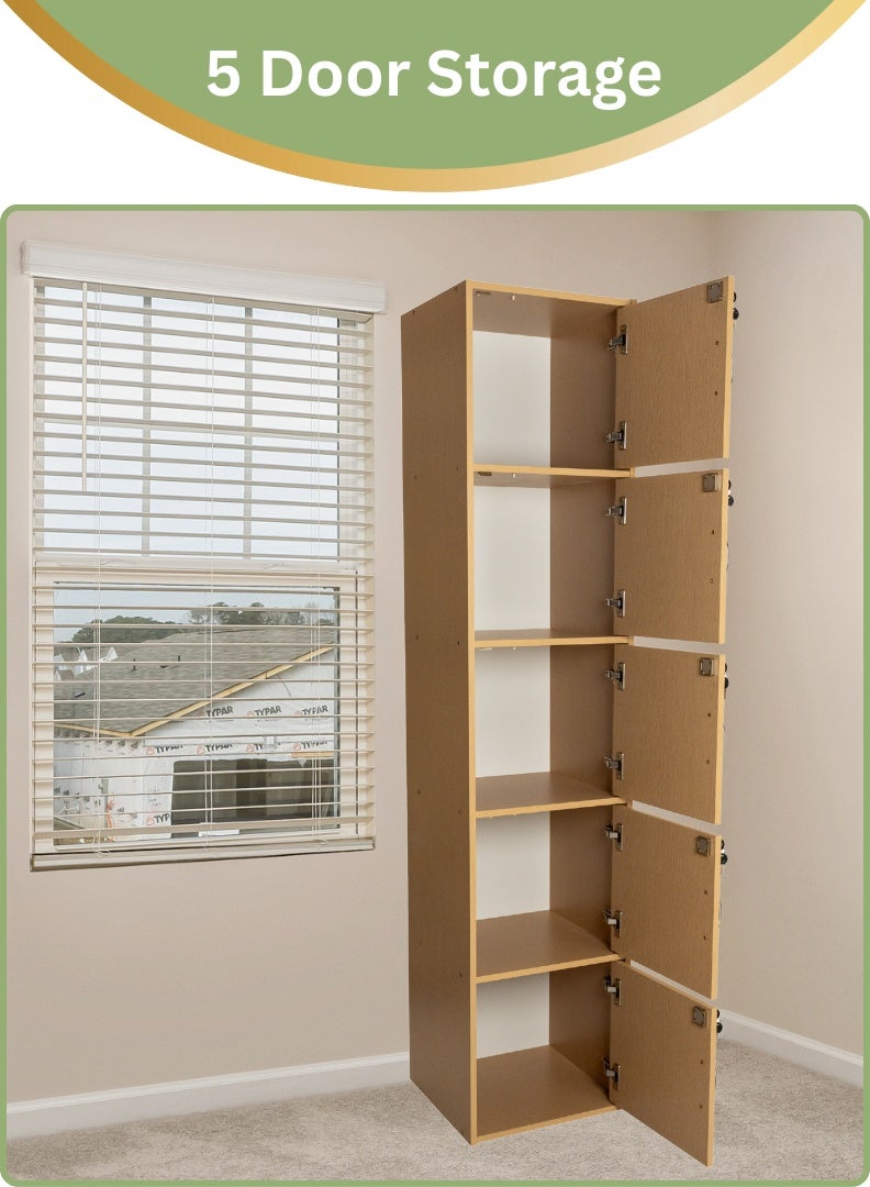 AFT Modern Wooden 5-Tier Storage Cabinet with Lockable Doors – 185 cm Tall Freestanding Organizer with 5 Spacious 35 cm Shelves, 40x40 cm Surface Area, 15 mm Thick Panels – Durable Multipurpose Cupboard for Home, Office, or Bedroom Use – Beech (Arfan) - Image 4