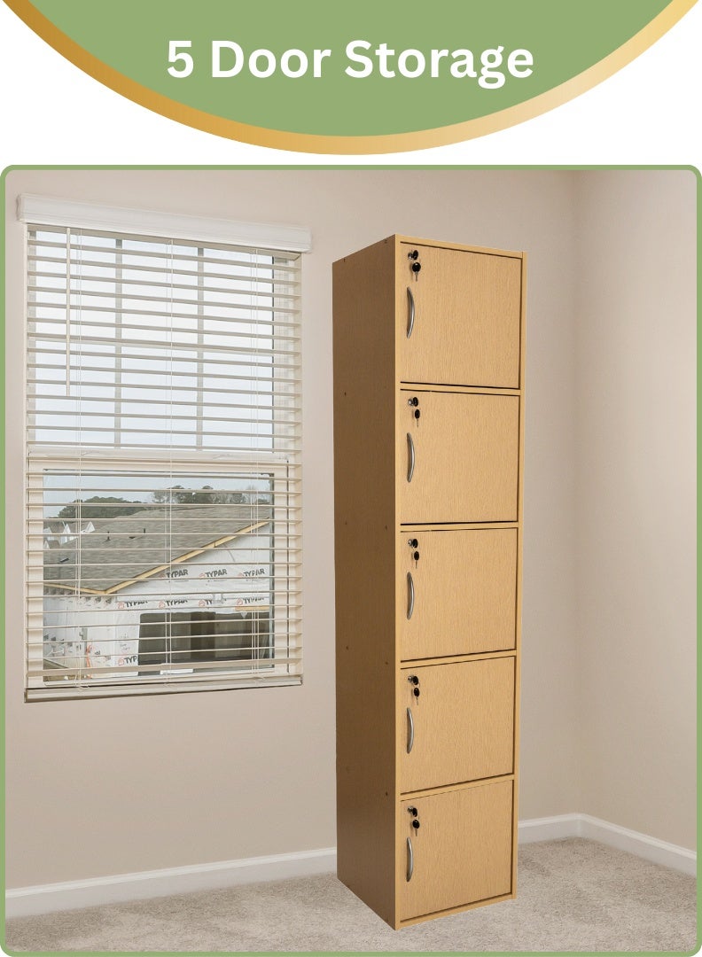 AFT Modern Wooden 5-Tier Storage Cabinet with Lockable Doors – 185 cm Tall Freestanding Organizer with 5 Spacious 35 cm Shelves, 40x40 cm Surface Area, 15 mm Thick Panels – Durable Multipurpose Cupboard for Home, Office, or Bedroom Use – Beech (Arfan) - Image 2