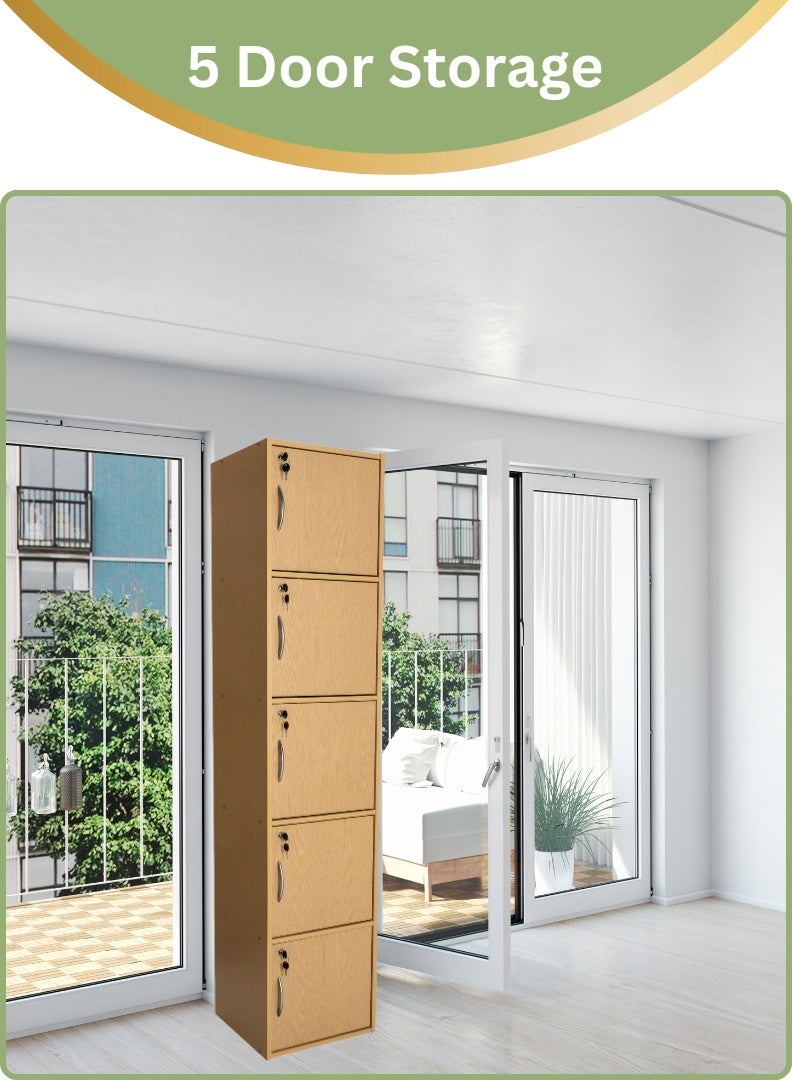 AFT Modern Wooden 5-Tier Storage Cabinet with Lockable Doors – 185 cm Tall Freestanding Organizer with 5 Spacious 35 cm Shelves, 40x40 cm Surface Area, 15 mm Thick Panels – Durable Multipurpose Cupboard for Home, Office, or Bedroom Use – Beech (Arfan) - Image 5