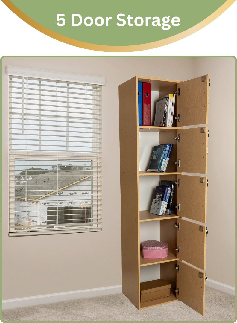 AFT Modern Wooden 5-Tier Storage Cabinet with Lockable Doors – 185 cm Tall Freestanding Organizer with 5 Spacious 35 cm Shelves, 40x40 cm Surface Area, 15 mm Thick Panels – Durable Multipurpose Cupboard for Home, Office, or Bedroom Use – Beech (Arfan) - Image 3