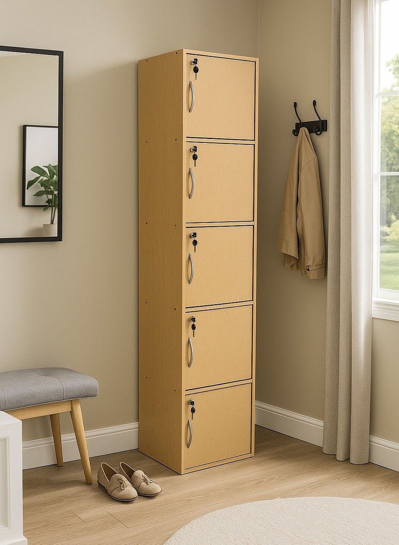 AFT Modern Wooden 5-Tier Storage Cabinet with Lockable Doors – 185 cm Tall Freestanding Organizer with 5 Spacious 35 cm Shelves, 40x40 cm Surface Area, 15 mm Thick Panels – Durable Multipurpose Cupboard for Home, Office, or Bedroom Use – Beech (Arfan) - Image 1