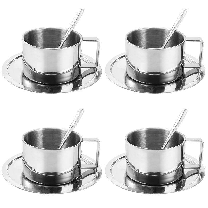 ZENFUN 4 Pack 68 oz Coffee Cups Set Stainless Steel Espresso Cup with Saucer and Spoon Double Walled Coffee Mugs Drinkware for Latte Cappuccino Milk Tea