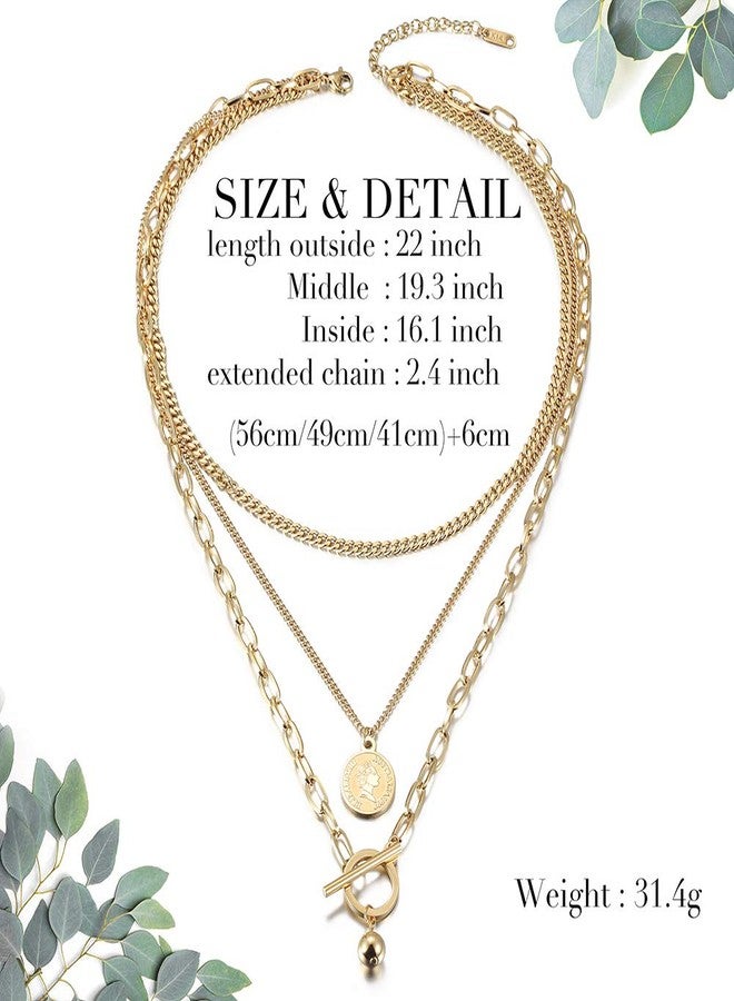 Jinbaoying Gold Coin Necklace for Women Vintage Carved Coin Pendant Necklace 14K Gold Plated Chain Choker Queen Elizabeth Round Pendant Gold Layered Necklace for Women - Image 3