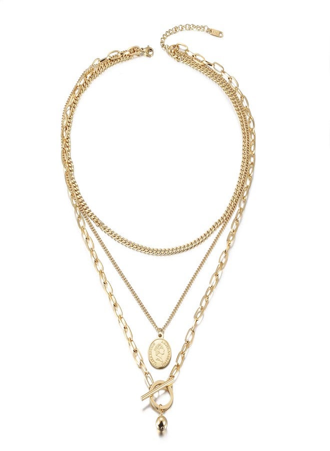 Jinbaoying Gold Coin Necklace for Women Vintage Carved Coin Pendant Necklace 14K Gold Plated Chain Choker Queen Elizabeth Round Pendant Gold Layered Necklace for Women - Image 1