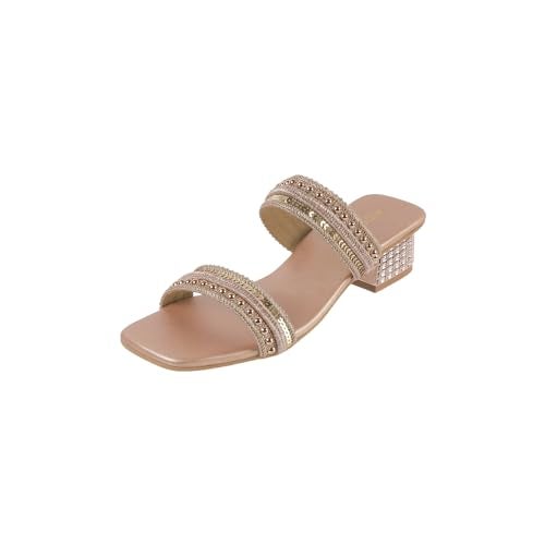 Mochi Women Rose Gold Block Heel Sequin Strap Fashion Slip-on Sandal UK/4 EU/37 (41-315) - Image 1