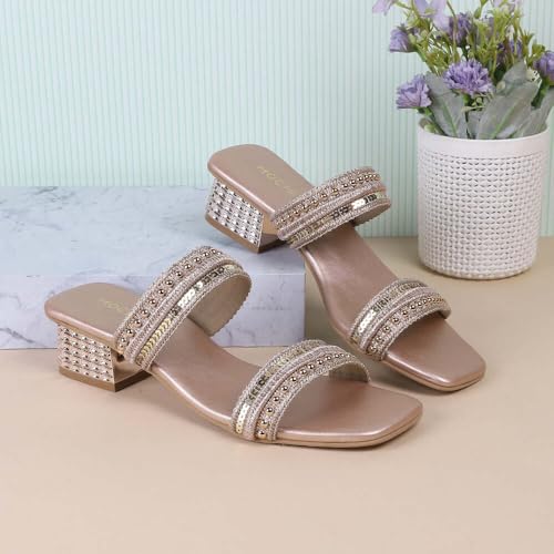 Mochi Women Rose Gold Block Heel Sequin Strap Fashion Slip-on Sandal UK/4 EU/37 (41-315) - Image 2
