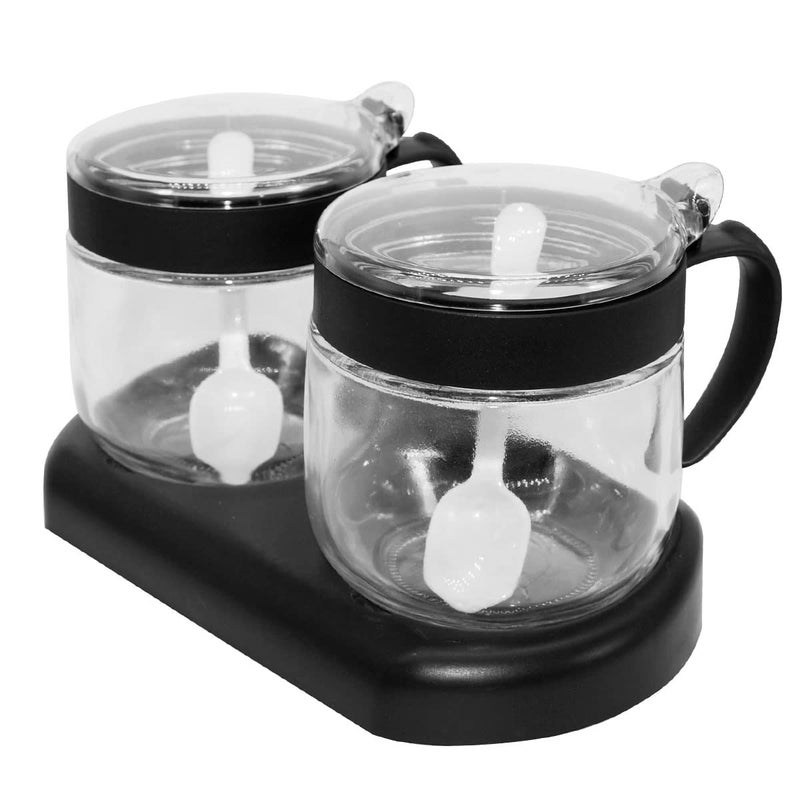 NAN Wind Glass Seasoning Box Set12oz350 ml Condiment Set With Lids and SpoonClear Glass Condiment Canisters2Pack Scondiment Jar Set for Sugar Pepper for Kitchen CounterBlack