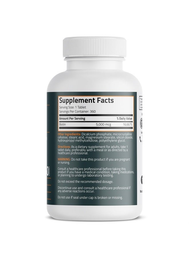 Bronson بيوتين 5,000 ميكروغرام يدعم صحة الشعر والبشرة والأظافر وإنتاج الطاقة - دعم جمالي عالي الفعالية - غير معدّل وراثيًا، 360 قرص نباتي - Image 2