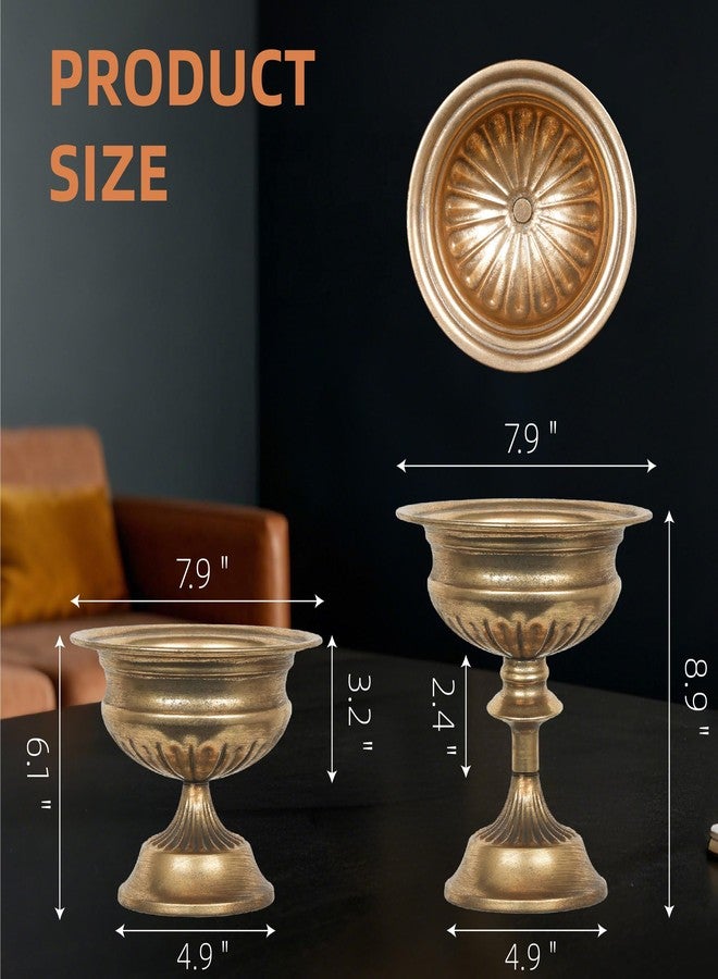 WORTH Gold Color Urn Vases for Centerpieces Set of 2 (Large: 8.8" H x 7.8" Dia. & Small: 6.1" H x 7.8" Dia.) - Classic Metal Trumpet Flower Pots for Table, Bowl Vase for Wedding Party Event Home Decor - Image 4