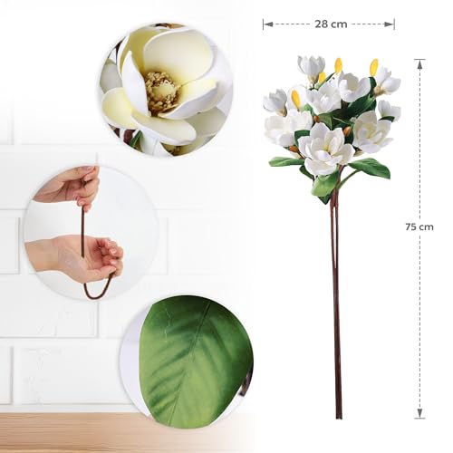 Decor & More 2 PCS Artificial Flowers Bunch - Silk Magnolia Bouquet Long Stem for Vase | Artificial Flower for Decoration | Long Artificial Flowers for Big Vase, Home & Wedding Decor (Without Pot) - Image 2