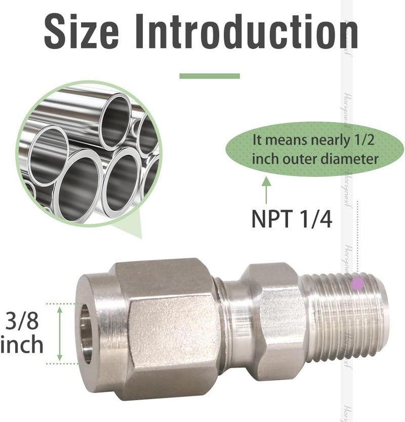Horiznext Stainless Steel 304 Compression Fitting to connect 3/8 inch OD tube x 1/4 NPT Male thread Coupler, for brass copper stainless steel tubing (2 pcs) - Image 2