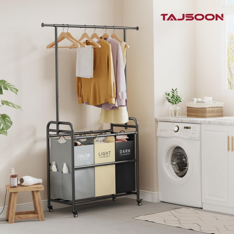 Tajsoon Laundry Sorter Cart with Hanging Clothes Rack, 3 Butler Sorter Basket Organizer, Laundry Hamper Cart with Heavy Duty Rolling Lockable Wheels, 3 Colors - Image 2