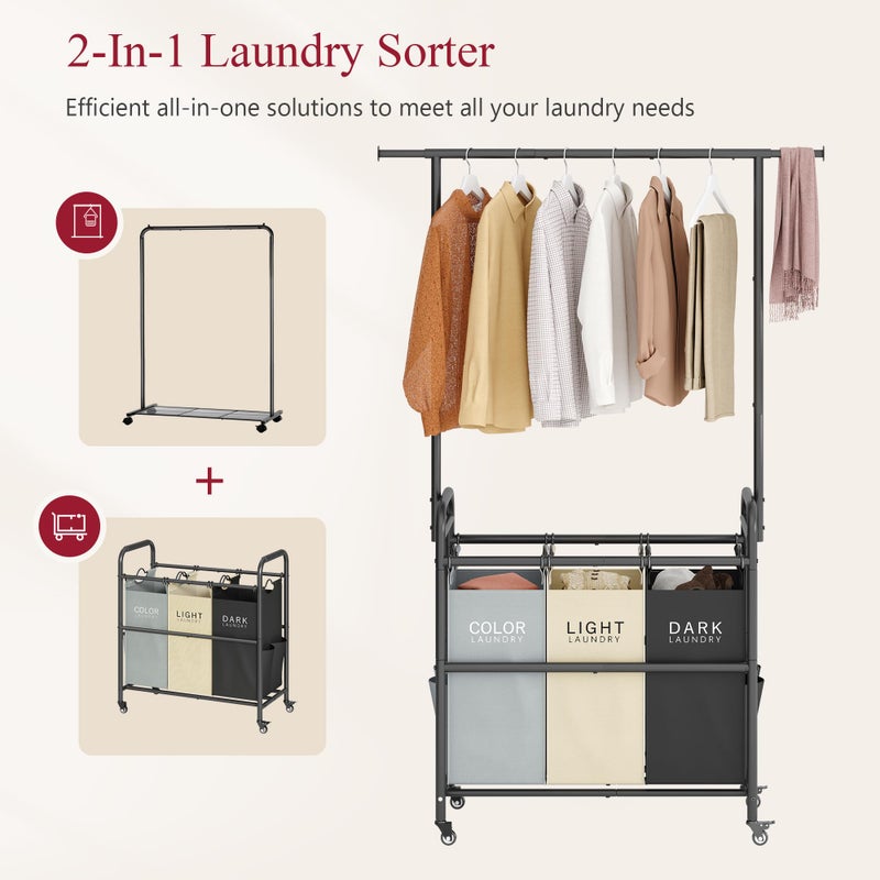 Tajsoon Laundry Sorter Cart with Hanging Clothes Rack, 3 Butler Sorter Basket Organizer, Laundry Hamper Cart with Heavy Duty Rolling Lockable Wheels, 3 Colors - Image 3