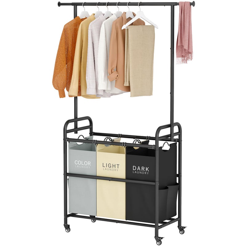 Tajsoon Laundry Sorter Cart with Hanging Clothes Rack, 3 Butler Sorter Basket Organizer, Laundry Hamper Cart with Heavy Duty Rolling Lockable Wheels, 3 Colors - Image 1
