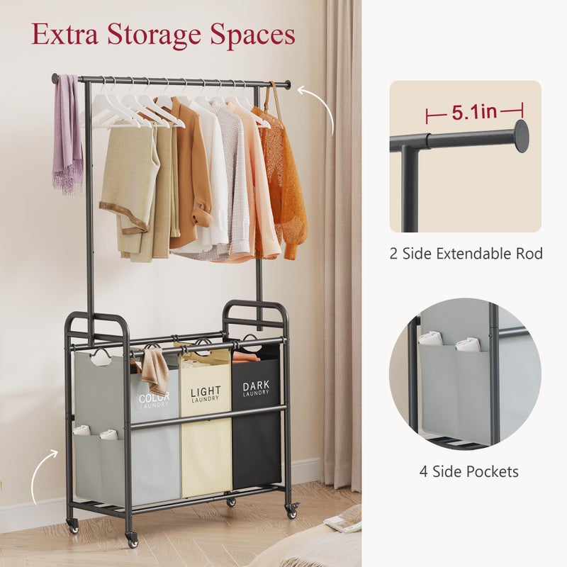 Tajsoon Laundry Sorter Cart with Hanging Clothes Rack, 3 Butler Sorter Basket Organizer, Laundry Hamper Cart with Heavy Duty Rolling Lockable Wheels, 3 Colors - Image 4