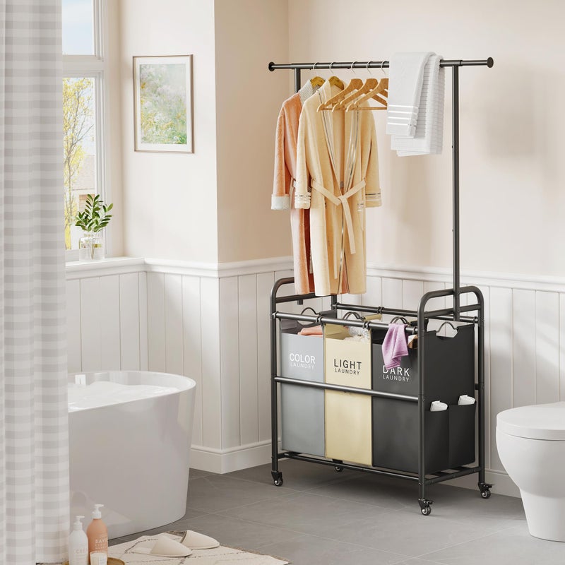 Tajsoon Laundry Sorter Cart with Hanging Clothes Rack, 3 Butler Sorter Basket Organizer, Laundry Hamper Cart with Heavy Duty Rolling Lockable Wheels, 3 Colors - Image 5