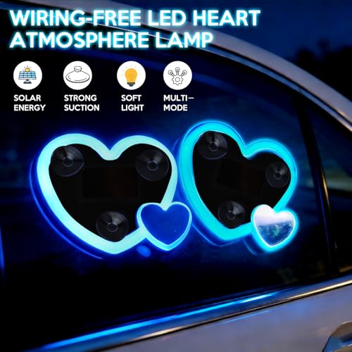 Aikertec 2PCS Solar Heart Lights for Car Window - Auto On/Off at Night, No Wiring Needed, Waterproof Romantic Gift for Her/Him, Car Gift Anniversary, Windshield Dashboard Decoration (Blue) - Image 2