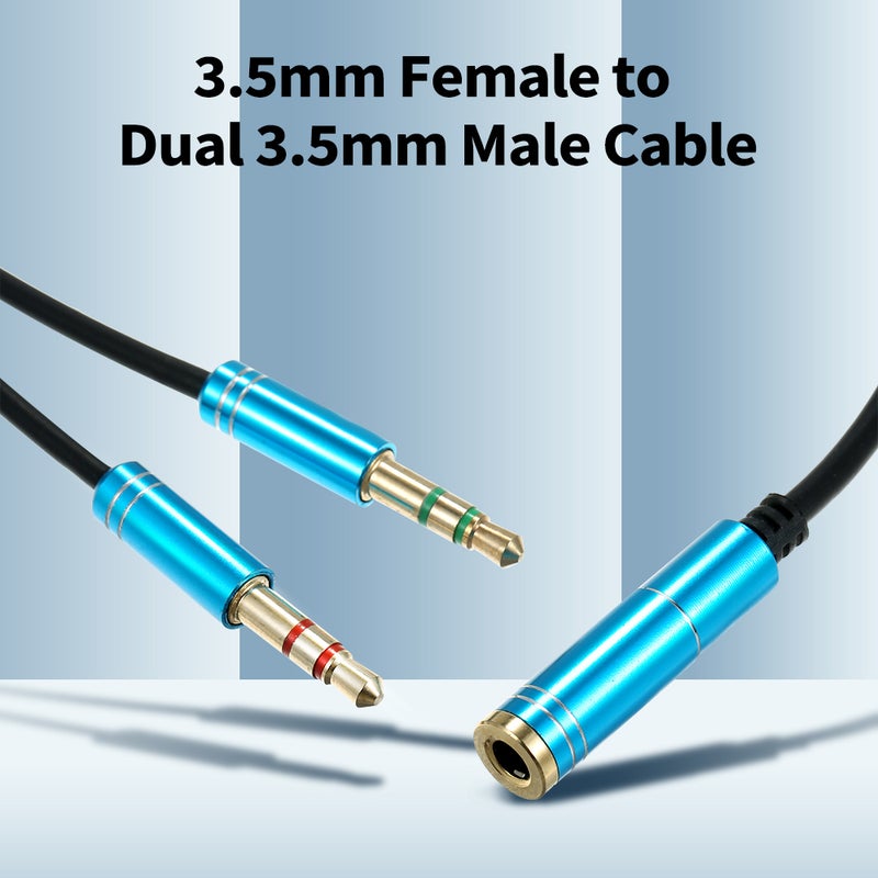3.5mm Female to Dual 3.5mm TRS Male Audio Cable Headphone Splitter 3.5mm Y Splitter Gaming Headset to PC Laptop Adapter, Blue - Image 2