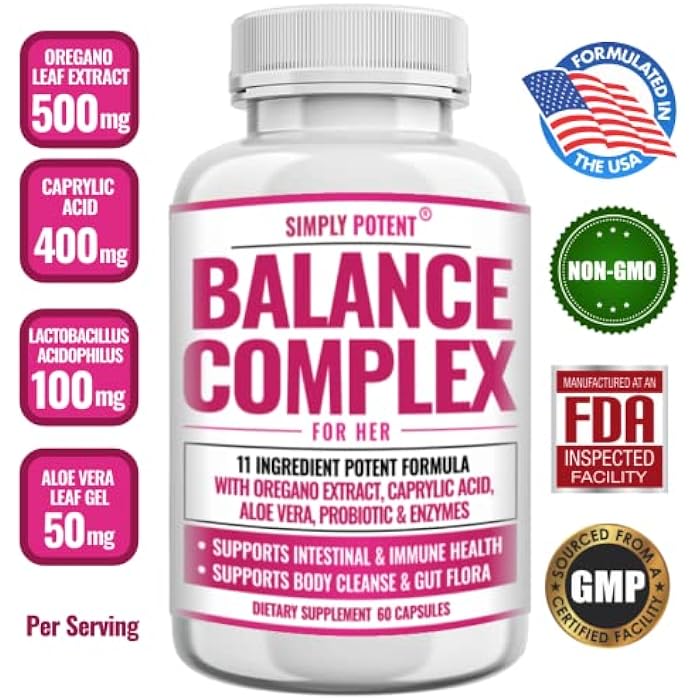 Simply Potent Balance Complex for Women, Candida Cleanse & Vaginal Health Dietary Supplement, Natural Formula with Oregano, Caprylic Acid, Aloe, Probiotics & Enzymes for Gut & Immune Health Support, 60 Capsules - Image 2