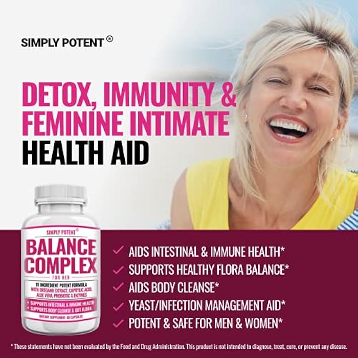 Simply Potent Balance Complex for Women, Candida Cleanse & Vaginal Health Dietary Supplement, Natural Formula with Oregano, Caprylic Acid, Aloe, Probiotics & Enzymes for Gut & Immune Health Support, 60 Capsules - Image 4