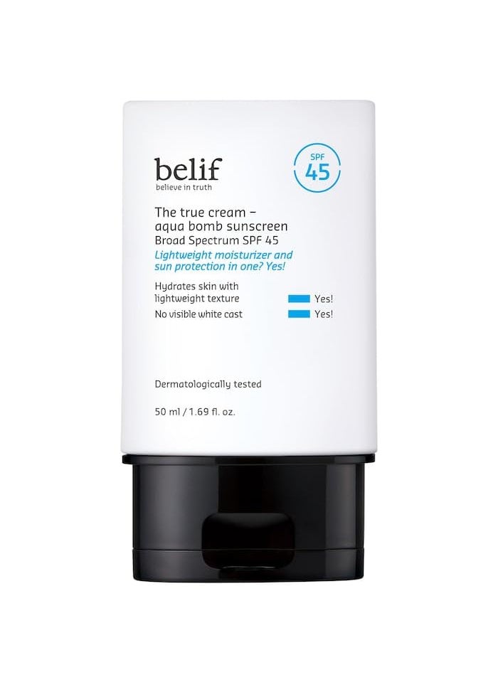 belif - belif Aqua Bomb SPF 45 Hydrating Niacinamide Sunscreen (1.69 fl. oz) - The True Cream PA++++, Daily Broad Spectrum, No White Cast, Weightless & Invisible, Non-Greasy, Korean Skincare - Image 1