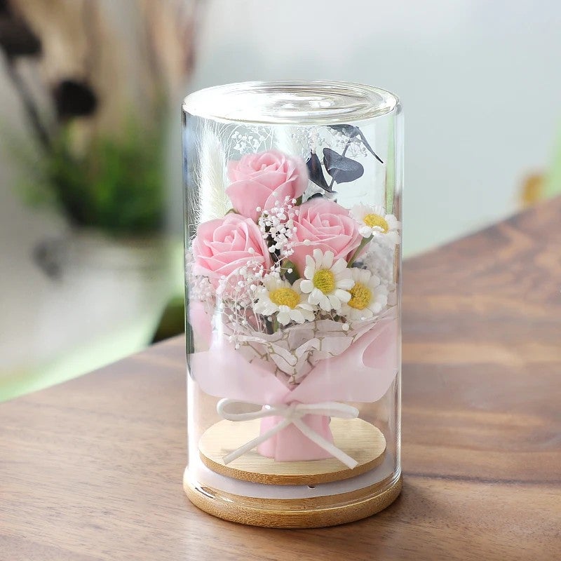 Y&D Valentine's Day Gift: Dried Baby's Breath Bouquet in Glass Dome with LED, Preserved Rose & Dried Plants - Image 1