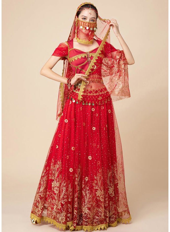 ORIDOOR Ladies Dress up Costumes Indian Aladdin Jasmine Princess Belly Dancing Bollywood Costumes, 01-red, M - Image 4