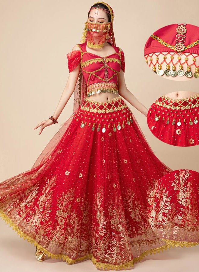 ORIDOOR Ladies Dress up Costumes Indian Aladdin Jasmine Princess Belly Dancing Bollywood Costumes, 01-red, M - Image 3