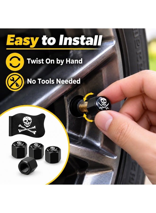 Pirate Skull Car Decor Set, 4 Pack Black Zinc Alloy Wheel Tire Valve Dust Caps + Mini Pirate Flag Ornament, Universal Auto Exterior Accessories for Vehicle, Motorcycle, Bicycle - Image 4