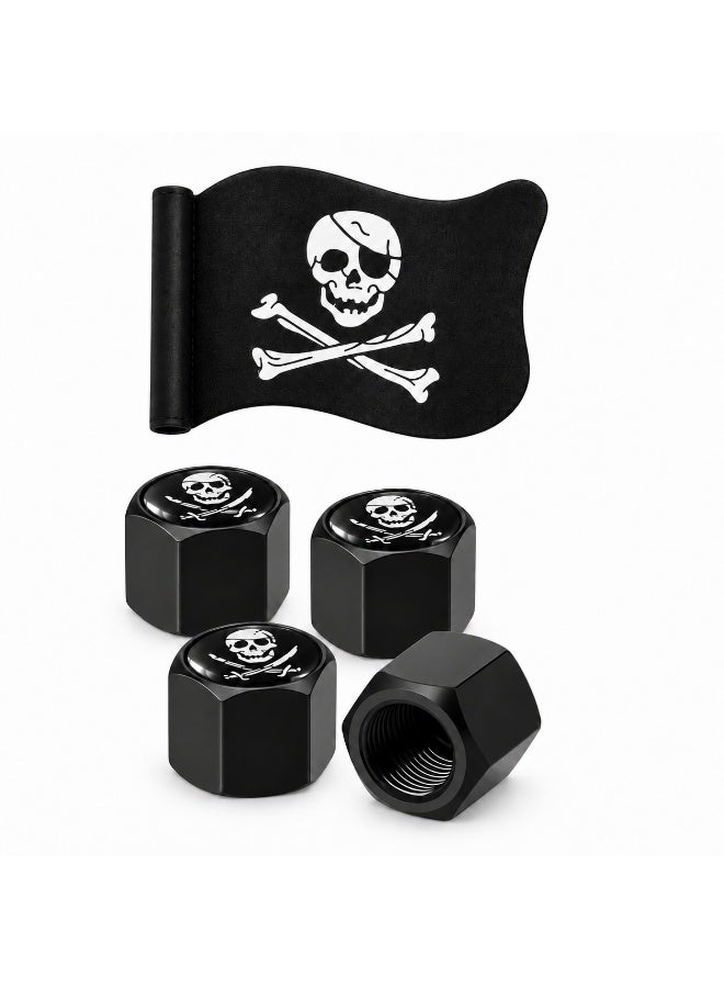 Pirate Skull Car Decor Set, 4 Pack Black Zinc Alloy Wheel Tire Valve Dust Caps + Mini Pirate Flag Ornament, Universal Auto Exterior Accessories for Vehicle, Motorcycle, Bicycle - Image 1