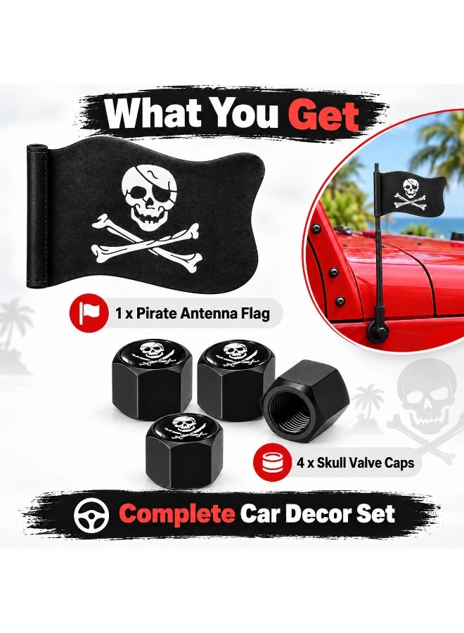 Pirate Skull Car Decor Set, 4 Pack Black Zinc Alloy Wheel Tire Valve Dust Caps + Mini Pirate Flag Ornament, Universal Auto Exterior Accessories for Vehicle, Motorcycle, Bicycle - Image 2